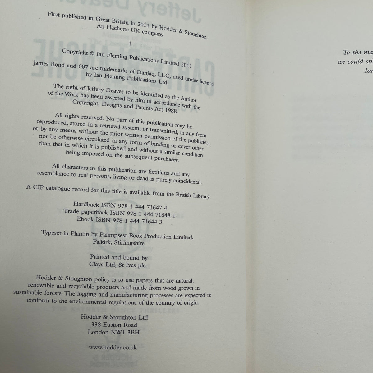 Carte blanche: a James Bond novel - Jeffery Deaver - Condition Detail 2