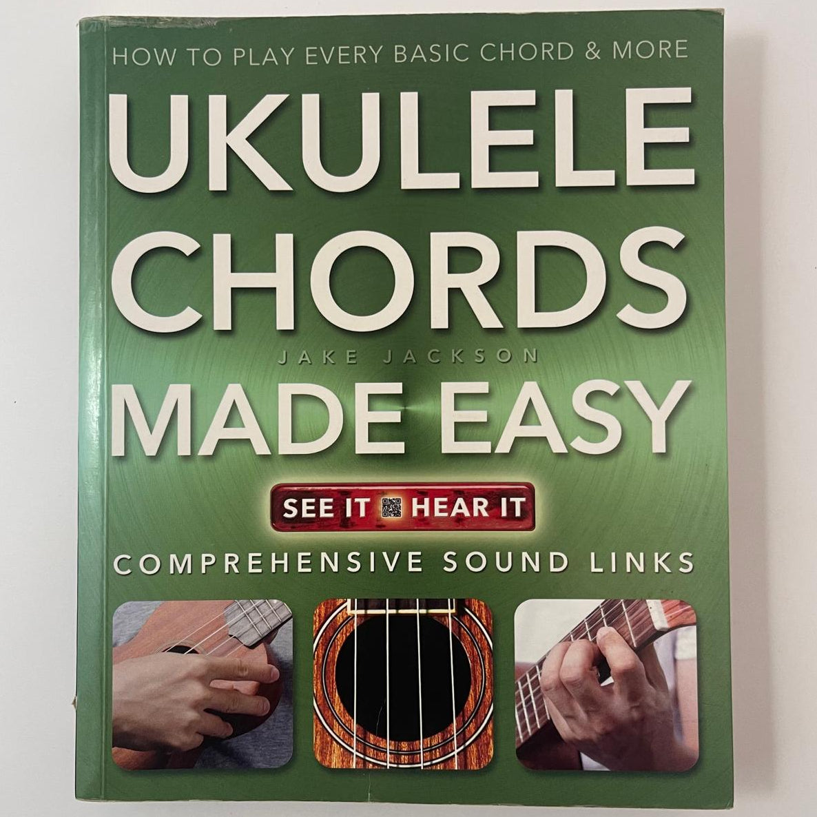 Book titled 'Ukulele Chords Made Easy' by Jake Jackson on a white background